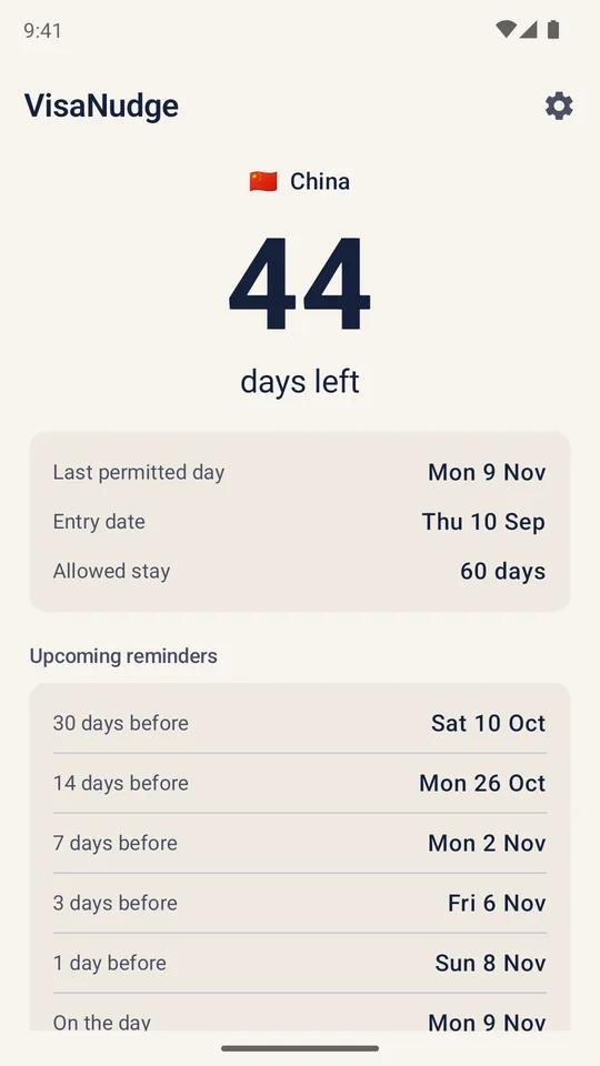 VisaNudge showing 44 days left in China, with the last permitted day and upcoming reminders.