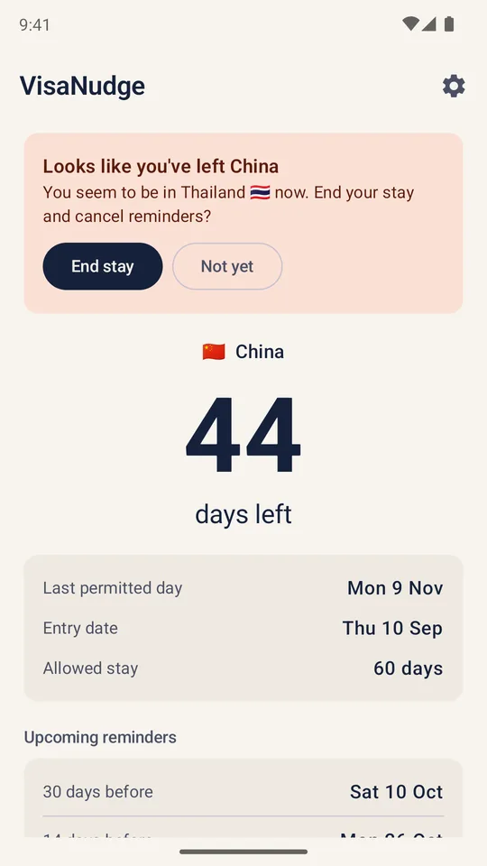 VisaNudge asking whether you've left China after detecting that you're in Thailand.