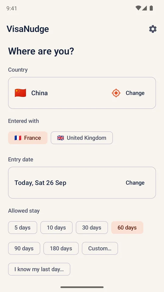 Setting up a stay in China, entered with a French passport, for 60 days.